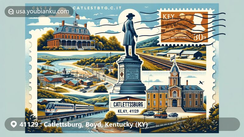 Modern illustration of Catlettsburg, Kentucky, with historic Beechmoor, Boyd County Courthouse, and C & O Depot, blending regional and postal elements.