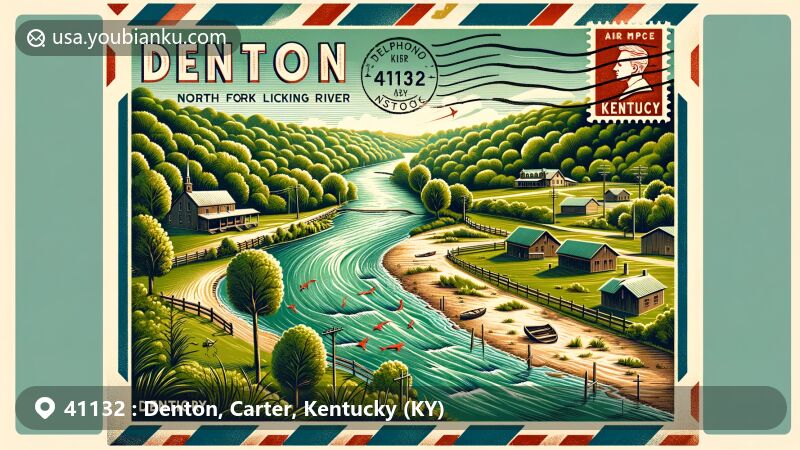 Modern illustration of Denton area in Kentucky, showcasing rural charm and natural beauty of North Fork Licking River with typical Kentucky countryside scenery and historical architecture, featuring vintage postcard design with ZIP code 41132.