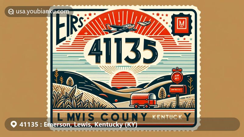 Modern illustration of Emerson, Kentucky, in Lewis County with ZIP code 41135, featuring vintage air mail envelope and scenic countryside landscapes, representing the area's rural charm.