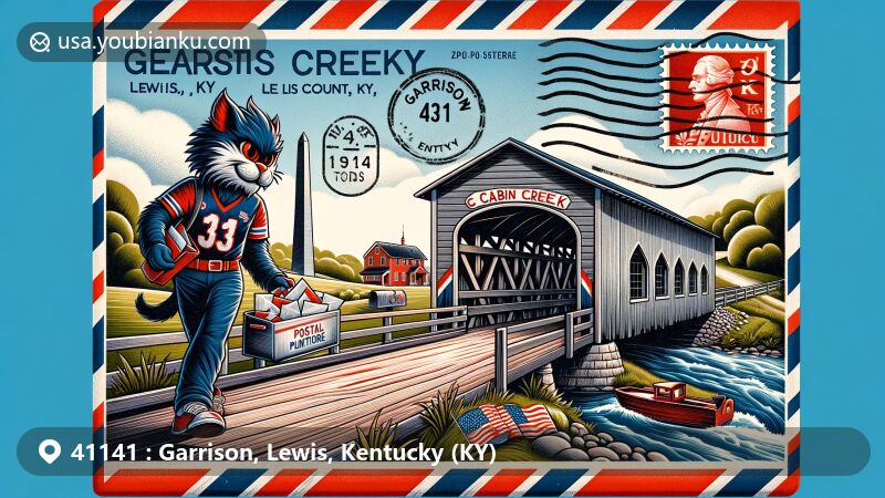 Modern illustration of Garrison, Lewis County, Kentucky, featuring patriotic theme with Garrison Elementary School mascot (Patriots) in red, black, and white, incorporating Cabin Creek Covered Bridge and Union Monument in Vanceburg.