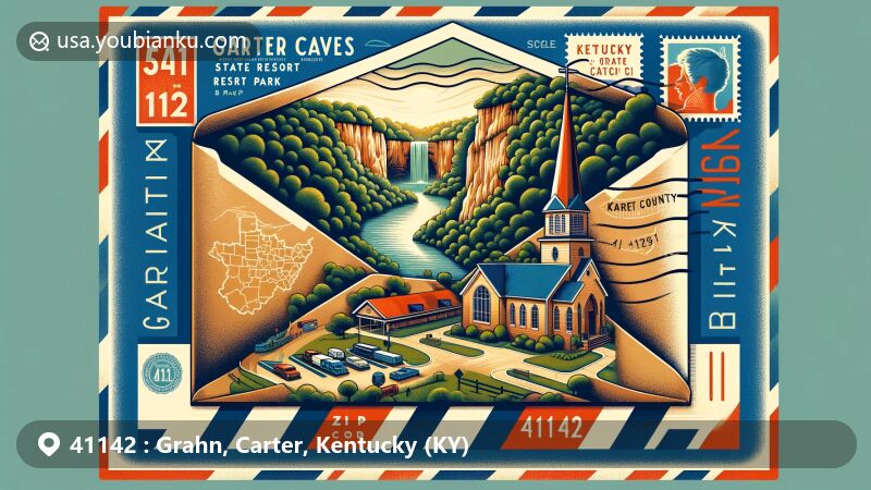 Contemporary illustration of Grahn, Kentucky, featuring ZIP code 41142, merging natural beauty with postal themes, showcasing Carter Caves State Resort Park and Kirk Memorial Baptist Church.