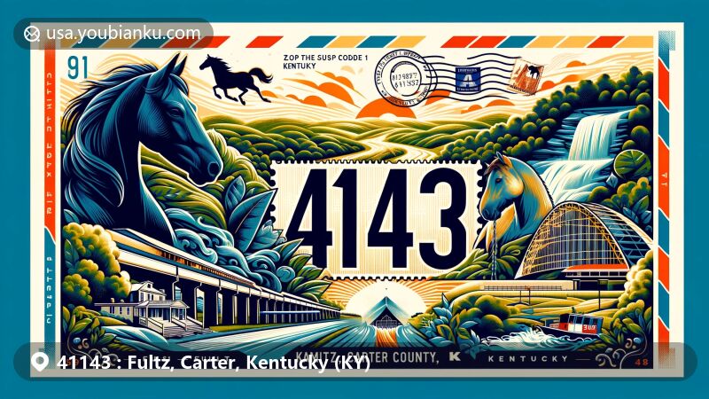 Creative illustration of Fultz, Carter County, Kentucky, with ZIP code 41143, showcasing natural beauty, horse culture, Ark Encounter, airmail theme, and Kentucky state symbols.