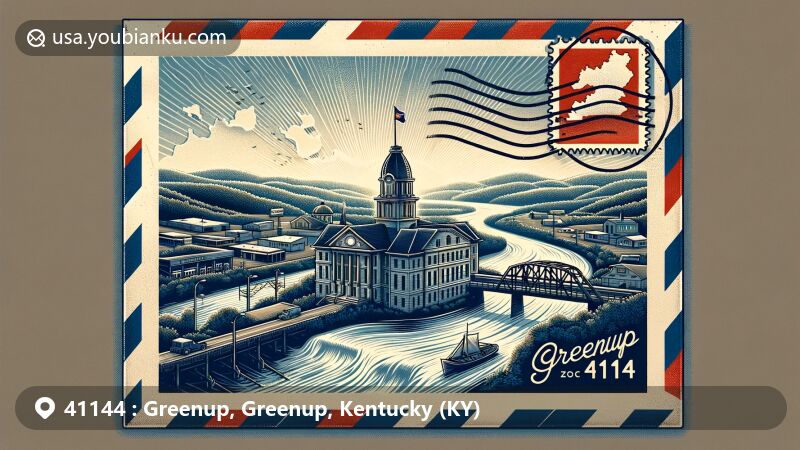 Creative illustration of Greenup, Kentucky, ZIP code 41144, blending postal theme with town landmarks and features, including vintage airmail envelope, Ohio River, Greenup Courthouse silhouette, and Kentucky shape.