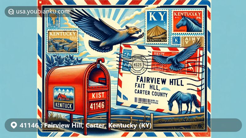 Modern illustration of Fairview Hill, Carter County, Kentucky, featuring Kentucky landmarks like Mammoth Cave and the Ark Encounter, with a vintage airmail envelope showcasing Kentucky Horse Park and postal stamp with state flag.