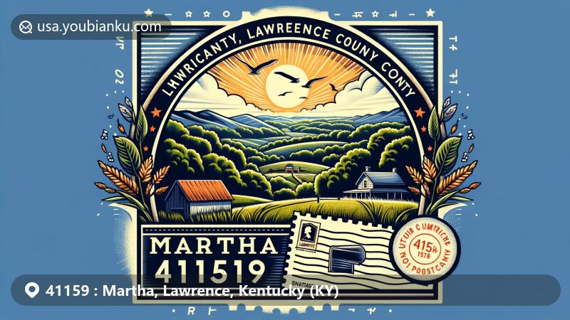 Modern illustration of Martha, Lawrence County, Kentucky, showcasing postal theme with ZIP code 41159, featuring the natural beauty of the Cumberland Plateau region with rolling hills and dense forests.