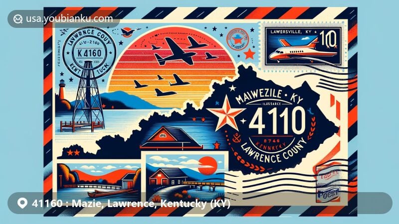 Modern illustration of Mazie, Lawrence County, Kentucky, showcasing postal theme with ZIP code 41160, featuring silhouette of Lawrence County within Kentucky, highlighting Yatesville Lake State Park's natural scenery and parks.