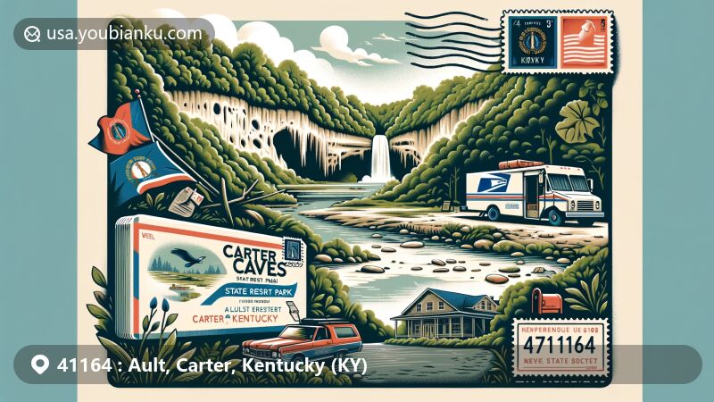 Modern illustration of Ault area, Carter County, KY, featuring Carter Caves State Resort Park with magnificent caves, lush forests, and unique geological formations.