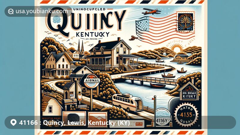 Modern illustration of Quincy community in Kentucky, featuring geographic and postal elements in airmail envelope format, showcasing location along Kentucky Route 8 and Ohio River with state flag, vintage postage stamp, postal mark with ZIP code 41166, and traditional mailbox.