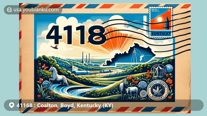 Modern illustration of Coalton, Boyd County, Kentucky, featuring vintage airmail envelope with ZIP code 41168, showcasing local scenery, Kentucky landmarks like Kentucky Horse Park and the Ark Encounter.