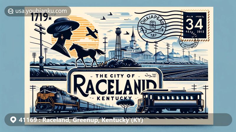 Modern illustration of Raceland, Greenup, Kentucky, showcasing postal theme with ZIP code 41169, featuring Ohio River valley, railway car silhouette, and elements of thoroughbred racing heritage.