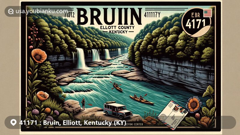 Modern illustration of Bruin, Elliott County, Kentucky, showcasing postal theme with ZIP code 41171, highlighting Laurel Gorge Cultural Heritage Center and natural beauty of the region.