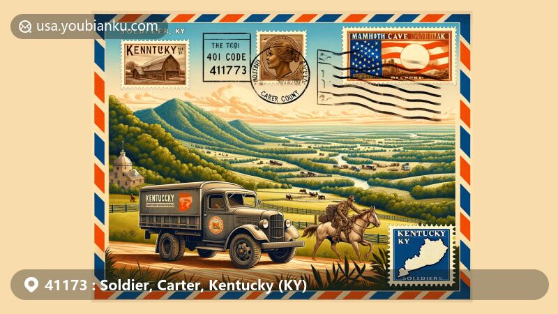 Modern illustration of Soldier, Carter County, Kentucky, with a postal theme featuring ZIP code 41173, showcasing iconic symbols like the state flag and natural landmarks such as Mammoth Cave National Park.