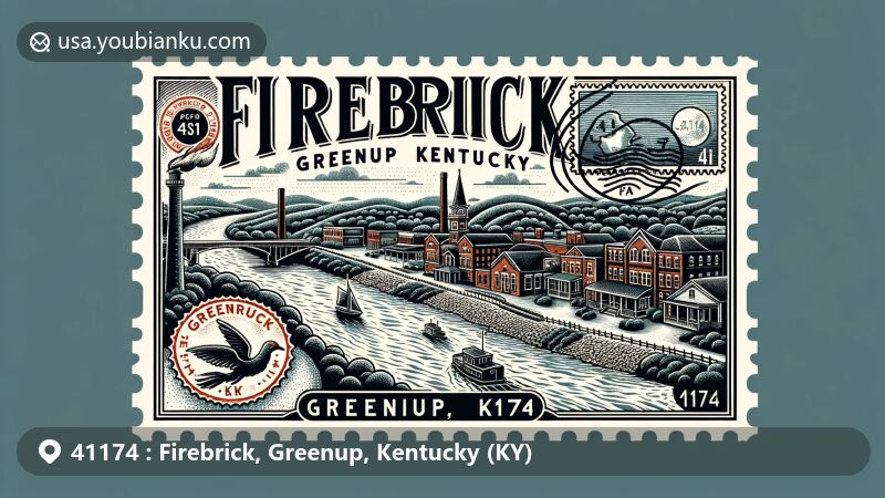 Modern illustration of Firebrick, Greenup, Kentucky, showcasing postal theme with ZIP code 41174 and Ohio River, capturing the community vibe and natural beauty.