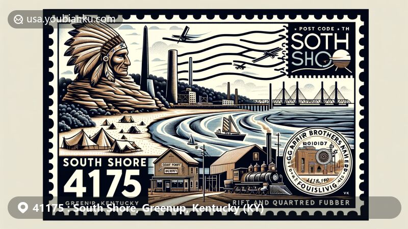 Modern illustration of South Shore, Greenup County, Kentucky, depicting ZIP code 41175 with elements like the Ohio River, Indian Head Rock, Rotary Park, and Graf Brothers Flooring and Lumber.
