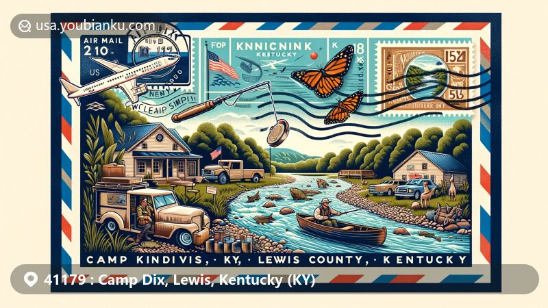 Modern illustration of Camp Dix, Lewis County, Kentucky, featuring postal theme with ZIP code 41179, showcasing Kinniconick Creek and Kentucky state symbols.