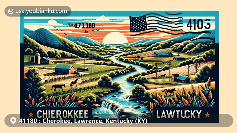 Modern illustration of Cherokee, Lawrence County, Kentucky, featuring natural beauty and rural charm of eastern Kentucky, with rolling hills, streams, and local flora, showcasing state symbols and postal theme with ZIP code 41180.