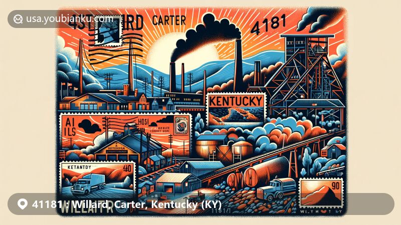 Modern illustration of Willard, Carter County, Kentucky, showcasing postal theme with ZIP code 41181, featuring postcard, stamps, and postmarks, highlighting local coal town identity and Kentucky's coal mining heritage.