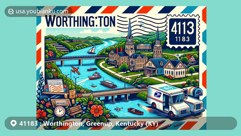 Modern illustration of Worthington, Kentucky, with ZIP code 41183, showcasing postal theme with key landmarks like Ashland Regional Airport and Worthington Marina, alongside local flora.