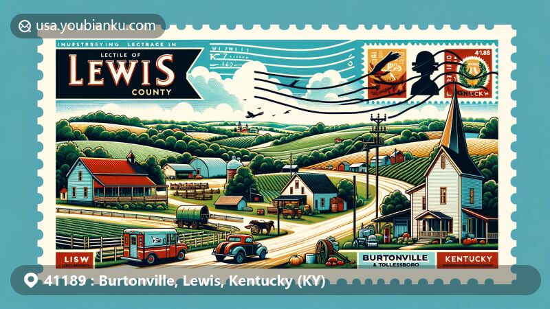 Modern illustration of Burtonville and Tollesboro, Lewis County, Kentucky, showcasing rural charm and natural beauty with rolling hills, farms, and postal theme with ZIP code 41189.