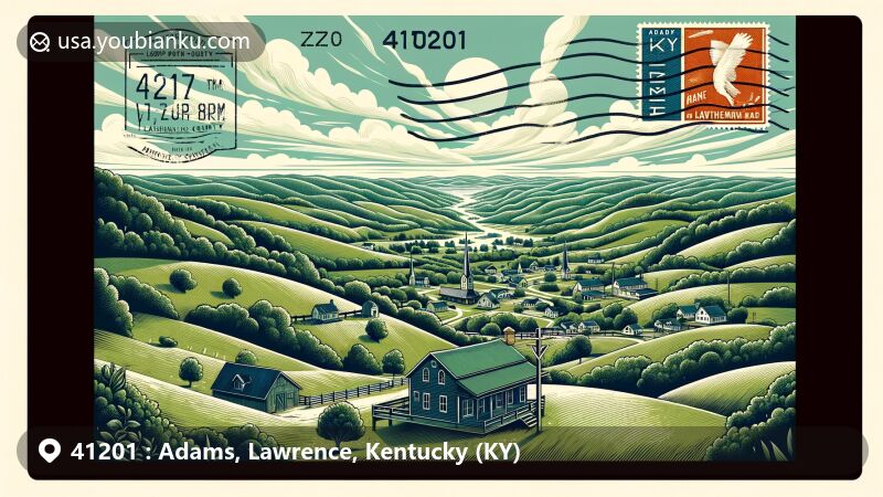 Modern illustration of Adams, Lawrence County, Kentucky, featuring vintage air mail envelope and postcard with tranquil rural scenery, showcasing lush hills and natural beauty.