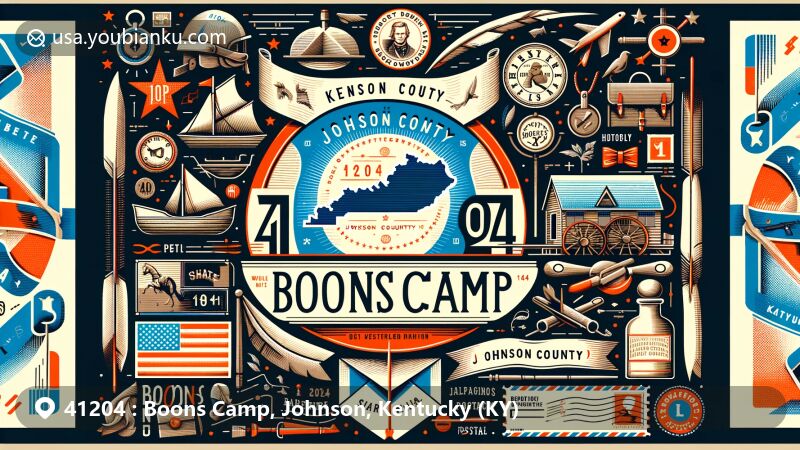 Modern illustration of Boons Camp, Johnson County, Kentucky, highlighting ZIP code 41204, featuring Kentucky state flag, Daniel Boone reference, and postal elements in a vintage postcard design.