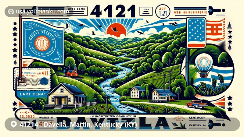 Modern illustration of Davella, Martin County, Kentucky, with ZIP code 41214, showcasing lush green landscapes, rolling hills, streams, and valleys, reflecting the area's natural beauty and origin named after Dave Delong and Ella.