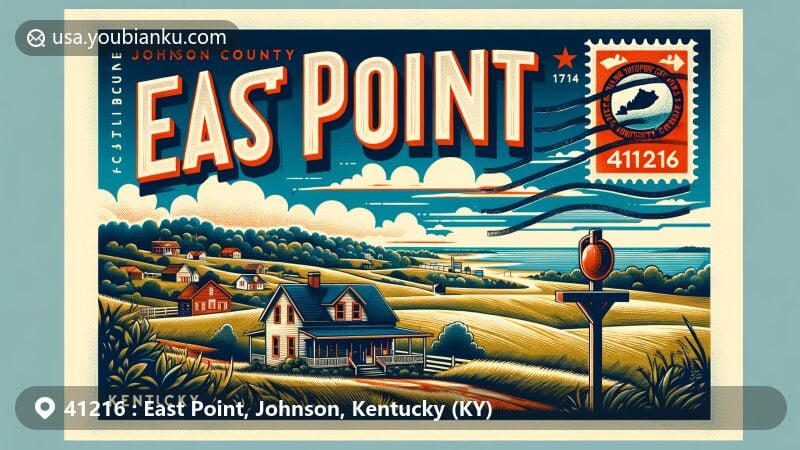 Modern illustration of East Point, Johnson County, Kentucky, showcasing postal theme with ZIP code 41216, featuring rural landscape, unincorporated community status, and Kentucky's natural beauty.