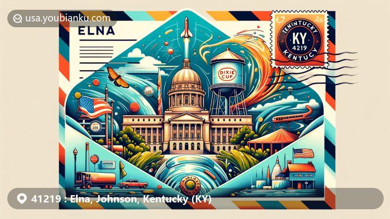 Modern illustration of Elna, Johnson County, Kentucky with postal theme, showcasing unique landmarks like the Kentucky State Capitol and the iconic Dixie Cup Water Tower, set within the diverse landscapes of Kentucky.