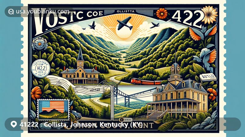 Modern illustration of Collista, Johnson County, Kentucky, showcasing natural beauty with mountain vistas, forests, Mayo Mansion, and U.S. Route 23, embracing Eastern Kentucky's geography and cultural significance.