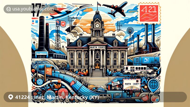 Modern illustration of Inez, Martin County, Kentucky, showcasing postal theme with ZIP code 41224, featuring Martin County Courthouse, coal and gas industries, and postal elements.