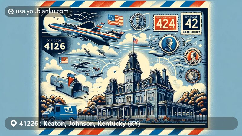 Modern illustration of Keaton, Johnson County, Kentucky, showcasing postal theme with ZIP code 41226, featuring Mayo Mansion and Kentucky state flag.