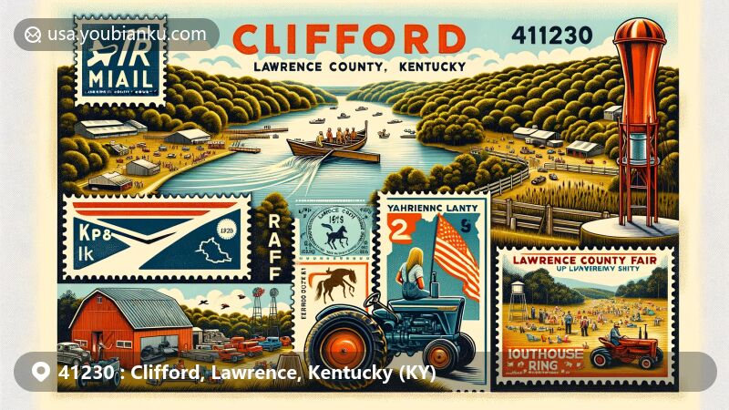 Modern illustration of Clifford, Lawrence County, Kentucky, highlighting postal theme with ZIP code 41230, showcasing Yatesville Lake State Park recreational activities and Lawrence County Fair events.