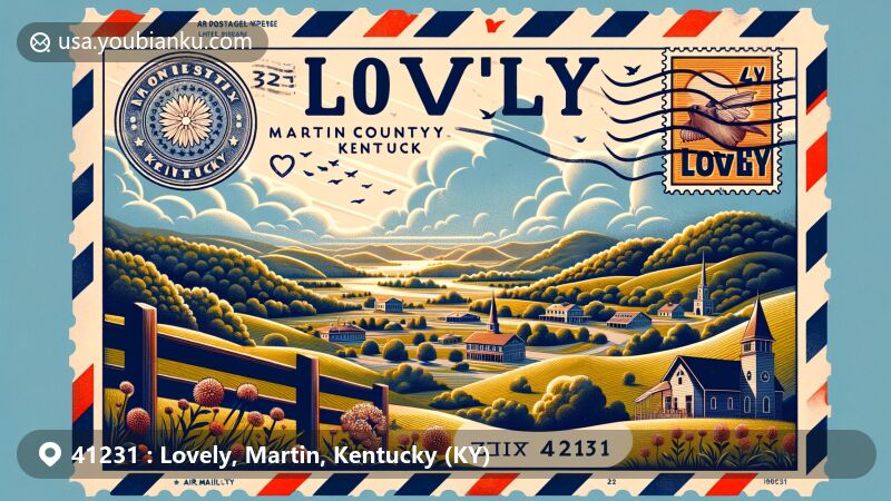 Modern illustration of Lovely, Martin County, Kentucky, portraying ZIP code 41231 with scenic postcard design, showcasing natural beauty of Lovely area and its charming landscapes.