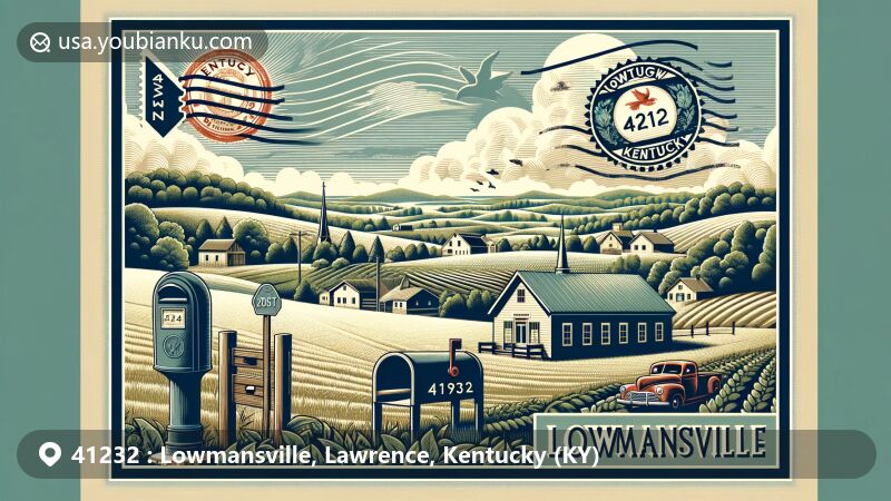 Modern illustration of Lowmansville, Lawrence County, Kentucky, with vintage postcard backdrop, showcasing rural charm and postal theme with Kentucky state flag stamp and mailbox displaying ZIP code 41232.