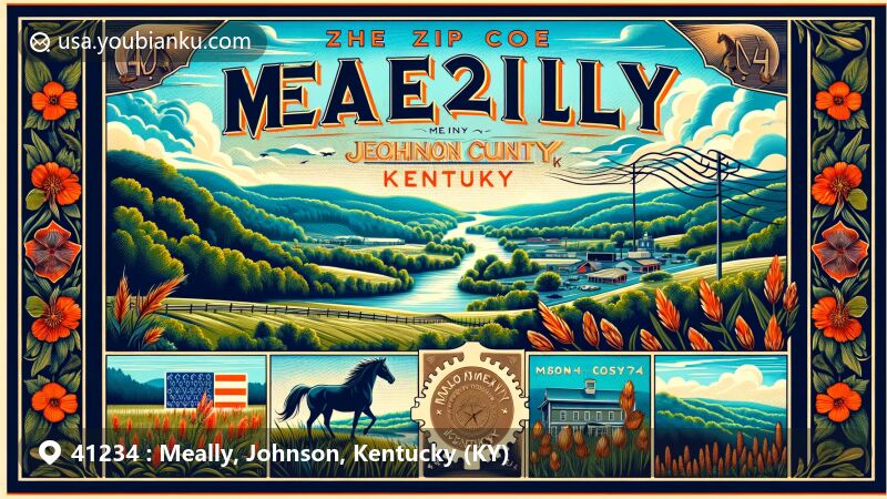 Modern illustration of Meally, Johnson County, Kentucky, capturing the natural beauty of eastern Kentucky's Appalachian region with rolling hills, dense forests, and a vintage postcard theme.