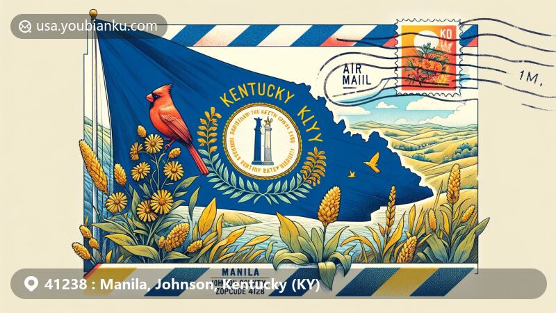 Creative rendering of Manila, Johnson County, Kentucky, ZIP code 41238, featuring local and postal themes with Kentucky state symbols including the state flag, seal, goldenrod flower, and cardinal bird.