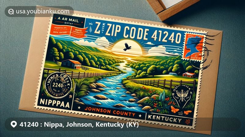 Modern illustration of Nippa area, Johnson County, Kentucky, portraying tranquil Jenny's Creek against natural landscape, featuring postal elements like air mail envelope, vintage postage stamp with ZIP code 41240, and postal marks.