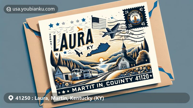 Modern illustration depicting Laura, Martin County, Kentucky, with ZIP code 41250, featuring state symbols like the flag and typical eastern Kentucky scenery such as hills, forests, and a coal mine entrance.