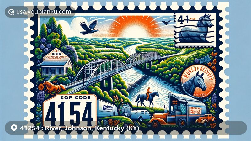 Modern illustration of River, Johnson County, Kentucky, capturing the essence of ZIP code 41254 with Forrest and Maxie Preston Memorial Bridge, bluegrass fields, horses, and a nod to country music, set against lush green hills.