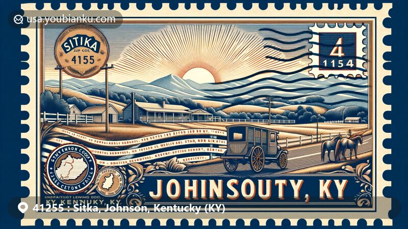 Modern illustration of Sitka, Johnson County, Kentucky, showcasing postal theme with ZIP code 41255, featuring regional landscape and Kentucky cultural symbols.