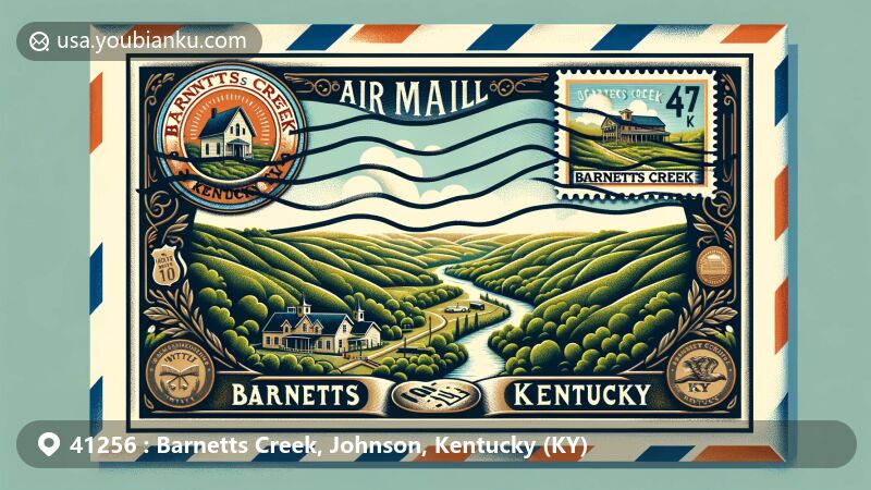 Modern illustration of Barnetts Creek, Kentucky, showcasing regional and postal elements with intricate design on an airmail envelope, reflecting the area's natural beauty and historical charm, featuring lush hills or iconic historic building.
