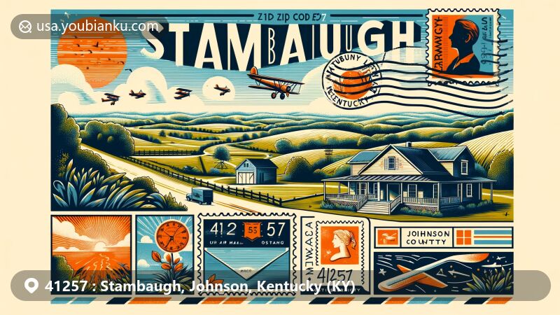 Modern illustration of Stambaugh, Johnson County, Kentucky, showcasing postal theme with ZIP code 41257, featuring vintage-style postcard with stamp, postmark, and Kentucky countryside scenery.