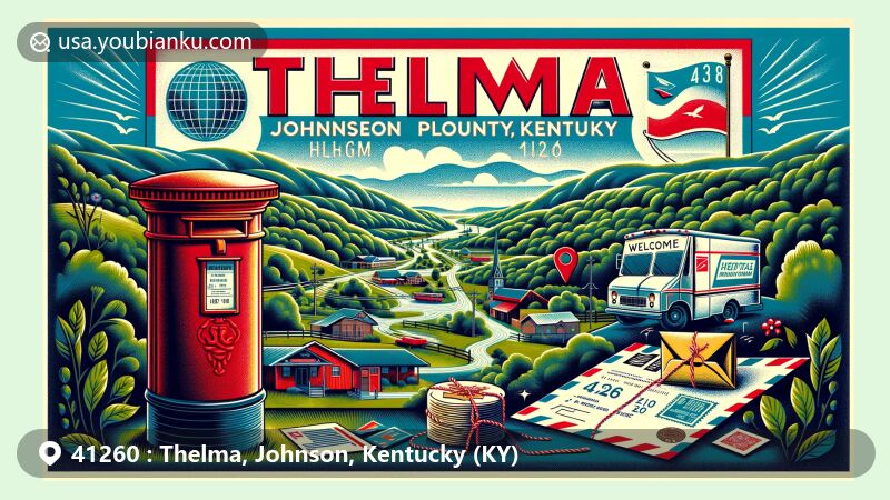 Modern illustration of Thelma, Johnson County, Kentucky, featuring postal theme with ZIP code 41260, including vibrant postal elements like a mailbox, letters, and airmail envelope, set against lush Cumberland Plateau backdrop.