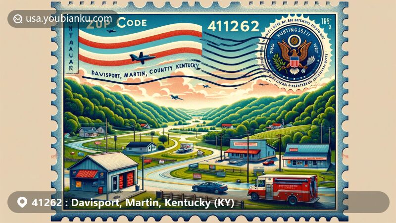 Modern illustration of Tomahawk, Davisport, Martin County, Kentucky, combining postal and geographic themes with a vintage air mail envelope, showcasing rural charm along Kentucky Route 40 near West Virginia border and featuring local landmarks.