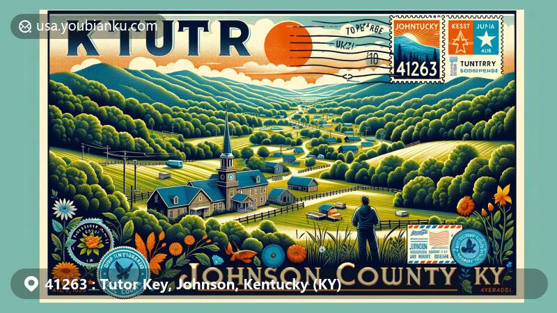 Modern illustration of Tutor Key, Johnson County, Kentucky, featuring ZIP code 41263, showcasing natural beauty and rural charm alongside Appalachian Mountains in the background.
