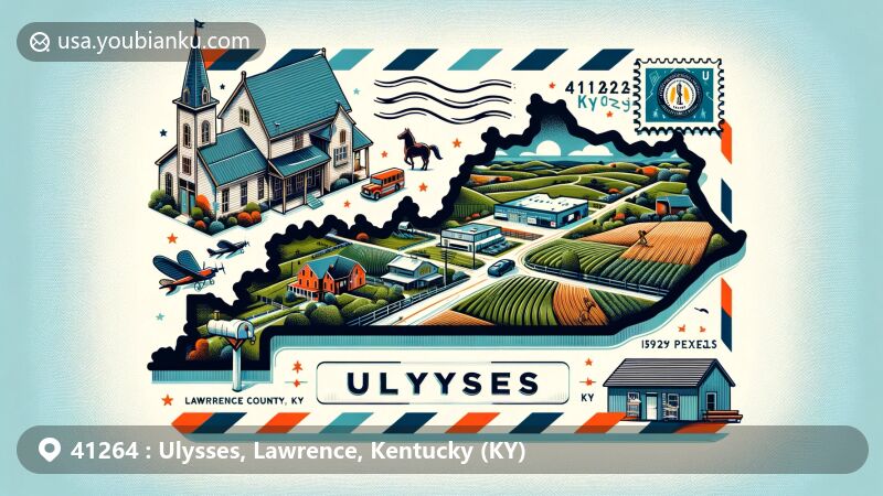 Modern illustration of Ulysses, Lawrence County, Kentucky, highlighting natural beauty like bluegrass fields and horse farms, along with the county outline and Kentucky state flag, emphasizing the geographical location and state identity. The centerpiece features a decorative airmail envelope with a stamp representing Ulysses area and a clear postmark '41264 Ulysses, KY'.