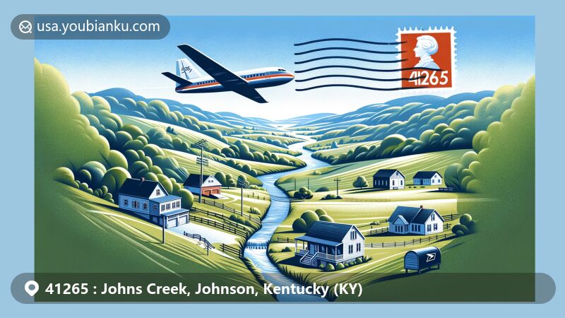 Modern illustration of Johns Creek, Johnson County, Kentucky, featuring stream of Johns Creek, traditional homes, and airmail envelope with ZIP code 41265, symbolizing natural beauty, rural charm, and delivery of goods and news.