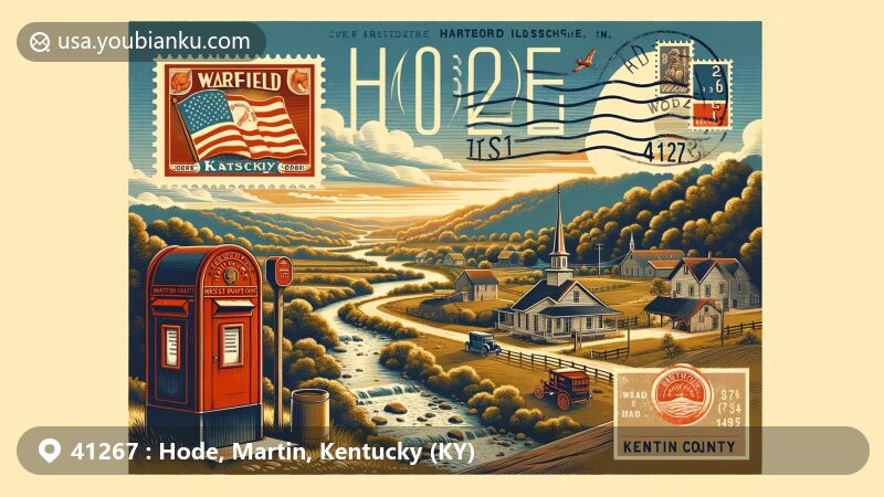 Vintage illustration of Hode, KY in Martin County, Kentucky, showcasing a postal theme with postal elements like a red mailbox, old stamps with '41267' ZIP code, and a postmark, integrating Warfield village and Kentucky state flag, set against natural scenery reflecting Martin County's rural beauty.