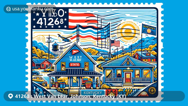 Modern illustration of West Van Lear, Johnson County, Kentucky, showcasing postal theme with ZIP code 41268, featuring key landmarks like a grocery store and community center, and symbols of Kentucky.
