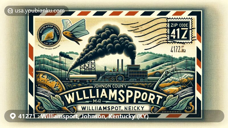 Modern illustration of Williamsport, Johnson County, Kentucky, featuring vintage airmail envelope design with ZIP code 41271, incorporating geographical features, coal mining heritage, and iconic American postal symbols.